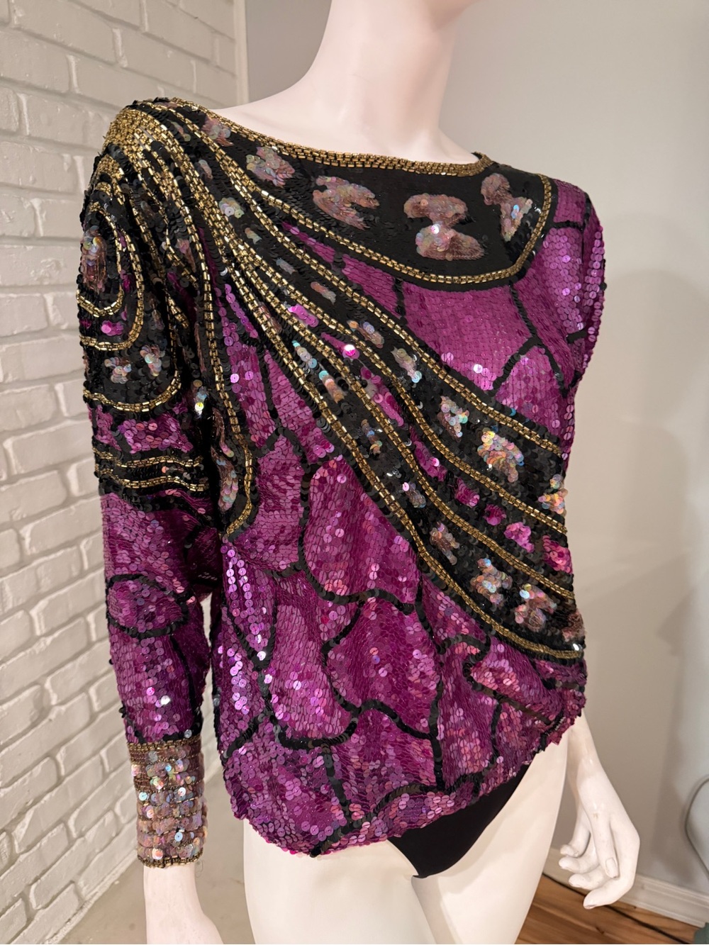 Jack Bryan Vintage Hand-Beaded Sequin Art Deco Top Purple Black Gold Size 6 - Picture 4 of 16